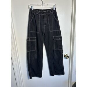 SHEIN Y2K Cargo Jeans Black Contrast Stitching Baggy Wide Leg Utility Pants S